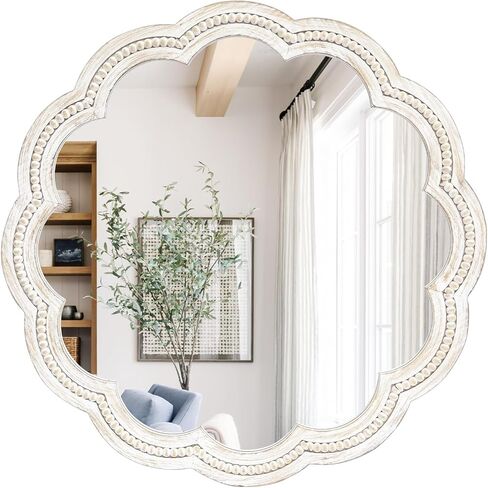 24 Inch Round Wall Mirror, Whitewashed Wooden Frame with Scalloped Edge & Beaded Trim, Decorative Farmhouse Boho Mirror for Bedroom, Bathroom, Living Room, Entryway in Kuwait