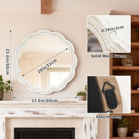 24 Inch Round Wall Mirror, Whitewashed Wooden Frame with Scalloped Edge & Beaded Trim, Decorative Farmhouse Boho Mirror for Bedroom, Bathroom, Living Room, Entryway in Kuwait
