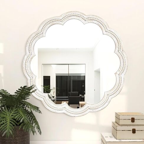 24 Inch Round Wall Mirror, Whitewashed Wooden Frame with Scalloped Edge & Beaded Trim, Decorative Farmhouse Boho Mirror for Bedroom, Bathroom, Living Room, Entryway in Kuwait