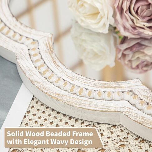 24 Inch Round Wall Mirror, Whitewashed Wooden Frame with Scalloped Edge & Beaded Trim, Decorative Farmhouse Boho Mirror for Bedroom, Bathroom, Living Room, Entryway in Kuwait