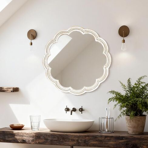 24 Inch Round Wall Mirror, Whitewashed Wooden Frame with Scalloped Edge & Beaded Trim, Decorative Farmhouse Boho Mirror for Bedroom, Bathroom, Living Room, Entryway in Kuwait