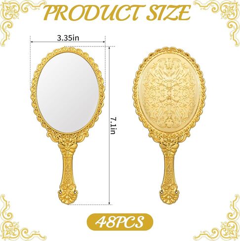 48 Pack Vintage Handheld Mirrors for Makeup, Gold Embossed Floral Portable Princess Mirror with Handle, Decorative Travel Cosmetic Purse Mirror for Women, Party Favors, Classroom in Kuwait