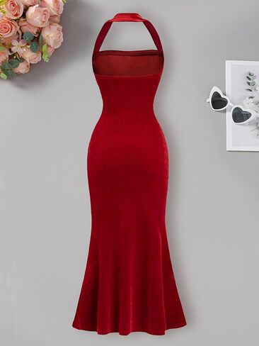 Girl's Summer Bodycon Halter Dress Long Velvet Elegant Maxi Ruched Fishtail Dress Cocktail Party Dresses Kid 8-12 Y in Kuwait