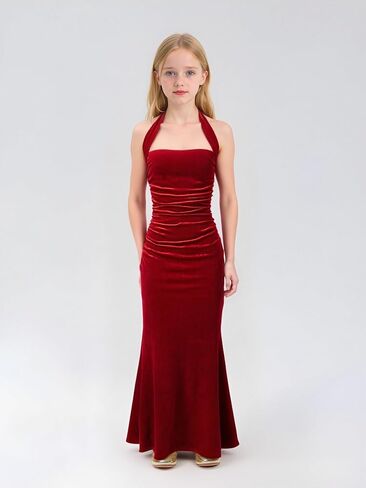 Girl's Summer Bodycon Halter Dress Long Velvet Elegant Maxi Ruched Fishtail Dress Cocktail Party Dresses Kid 8-12 Y in Kuwait