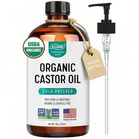 SYLVANA Organic Castor Oil with Pump (16oz Glass Bottle), USDA Certified Organic, Cold Pressed, Hexane Free, Vegan - 100% Pure Castor Oil for Hair Growth, Nourishing Skin, Lashes & Eyebrows in Saudi Arabia