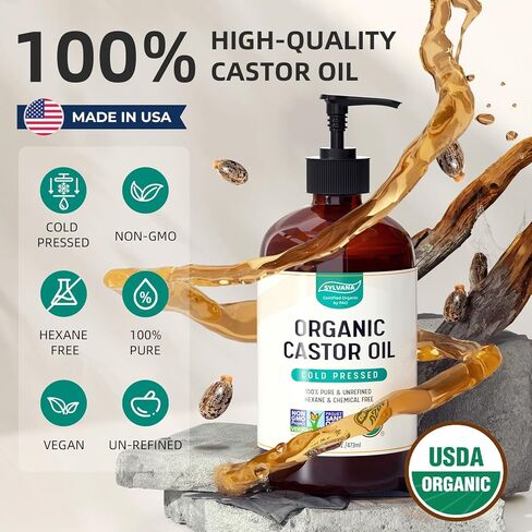 SYLVANA Organic Castor Oil with Pump (16oz Glass Bottle), USDA Certified Organic, Cold Pressed, Hexane Free, Vegan - 100% Pure Castor Oil for Hair Growth, Nourishing Skin, Lashes & Eyebrows in Saudi Arabia
