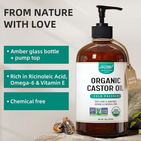 SYLVANA Organic Castor Oil with Pump (16oz Glass Bottle), USDA Certified Organic, Cold Pressed, Hexane Free, Vegan - 100% Pure Castor Oil for Hair Growth, Nourishing Skin, Lashes & Eyebrows in Saudi Arabia