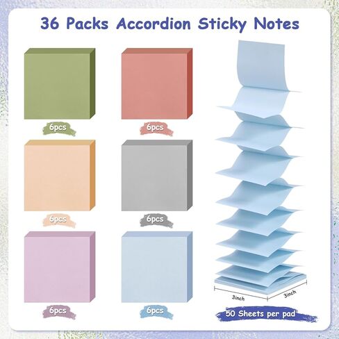36Pads Pop Up Sticky Notes, Accordion Sticky Notes 3x3 Refills Vintage Colored Sticky Note Adhesive Memo Pads Popup Post Stickies Accordion Style Pop Up Notes for Dispenser Home Office School Meeting in Kuwait