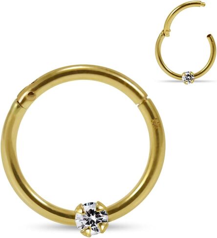 Claw Set Cz Stone 9K Solid Yellow Gold 18 Gauge (1.0MM) - 8MM Diameter Hinged Clicker Segment Ring Ear Septum Tragus Helix Piercing Jewelry in Kuwait