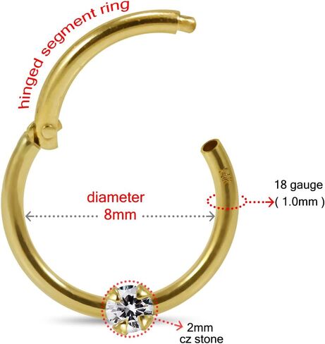 Claw Set Cz Stone 9K Solid Yellow Gold 18 Gauge (1.0MM) - 8MM Diameter Hinged Clicker Segment Ring Ear Septum Tragus Helix Piercing Jewelry in Kuwait