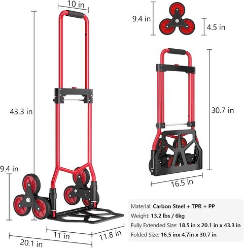 Stair Climbing Cart, 280 lbs Capacity Stair Climbing Truck and Dolly, Heavy-Duty Folding Stair Dolly with Stretchable Handle, 2 Elastic Ropes for Home Shopping Moving Warehouse in Saudi Arabia
