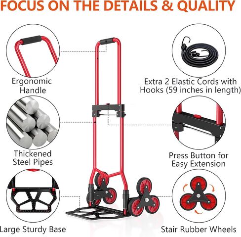 Stair Climbing Cart, 280 lbs Capacity Stair Climbing Truck and Dolly, Heavy-Duty Folding Stair Dolly with Stretchable Handle, 2 Elastic Ropes for Home Shopping Moving Warehouse in Saudi Arabia