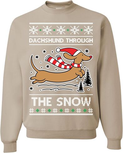 سترة Dachshund Through The Snow Ugly Christmas للجنسين، سويت شيرت بفتحة رقبة مستديرة لعيد الميلاد، بيج، S in Saudi Arabia