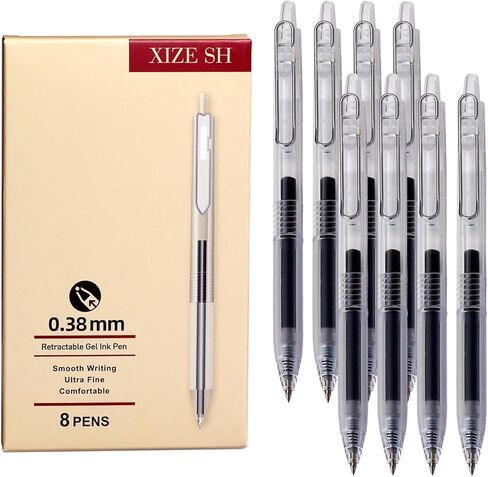 أقلام كرة دوارة قابلة للسحب من XIZE SH مقاس 0.38 مم، أسطوانات شفافة، حبر جيلي أسود، عبوة من 8 أقلام، كتابة سلسة لليوميات وتدوين الملاحظات in Kuwait