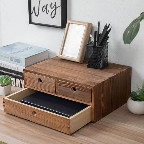 Rustic Torched Brown Wood Desk Storage Cabinet Drawers Round Cutout Handles Countertop Wooden Organizer Table Top Stand Box Holder Jewelry Keepsake Caddy Mini Dresser Home Office Farmhouse in Kuwait