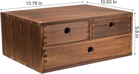 Rustic Torched Brown Wood Desk Storage Cabinet Drawers Round Cutout Handles Countertop Wooden Organizer Table Top Stand Box Holder Jewelry Keepsake Caddy Mini Dresser Home Office Farmhouse in Kuwait