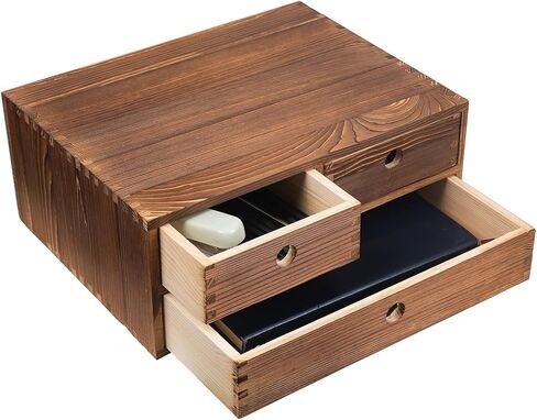 Rustic Torched Brown Wood Desk Storage Cabinet Drawers Round Cutout Handles Countertop Wooden Organizer Table Top Stand Box Holder Jewelry Keepsake Caddy Mini Dresser Home Office Farmhouse in Kuwait