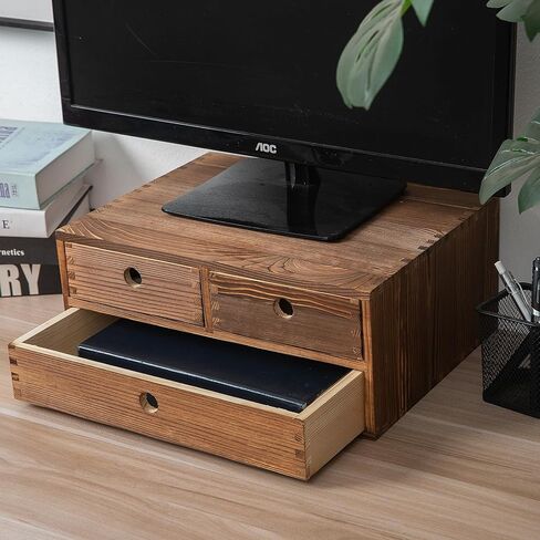 Rustic Torched Brown Wood Desk Storage Cabinet Drawers Round Cutout Handles Countertop Wooden Organizer Table Top Stand Box Holder Jewelry Keepsake Caddy Mini Dresser Home Office Farmhouse in Kuwait