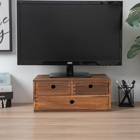 Rustic Torched Brown Wood Desk Storage Cabinet Drawers Round Cutout Handles Countertop Wooden Organizer Table Top Stand Box Holder Jewelry Keepsake Caddy Mini Dresser Home Office Farmhouse in Kuwait