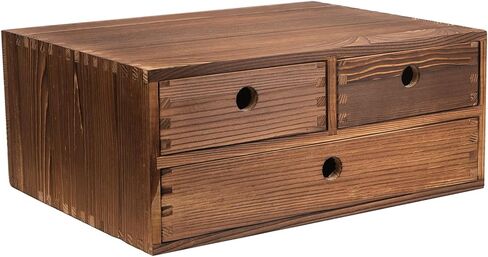Rustic Torched Brown Wood Desk Storage Cabinet Drawers Round Cutout Handles Countertop Wooden Organizer Table Top Stand Box Holder Jewelry Keepsake Caddy Mini Dresser Home Office Farmhouse in Kuwait