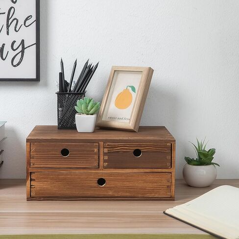 Rustic Torched Brown Wood Desk Storage Cabinet Drawers Round Cutout Handles Countertop Wooden Organizer Table Top Stand Box Holder Jewelry Keepsake Caddy Mini Dresser Home Office Farmhouse in Kuwait