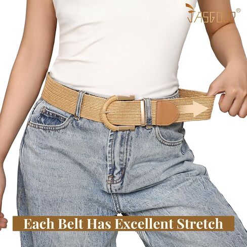 JASGOOD Straw Woven Belt for Women Dresses Boho Elastic Braided Belt Rattan Raffia Belts Ladies Wide Belt,1.97" Width in Saudi Arabia