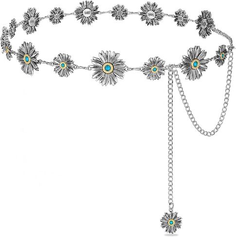 Western Turquoise Chain Belt for Women with Daisy Pattern Cowgirl Concho Metal Waist Belt for Boho Country in Kuwait
