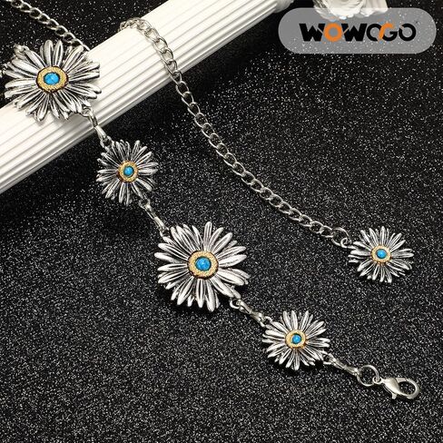 Western Turquoise Chain Belt for Women with Daisy Pattern Cowgirl Concho Metal Waist Belt for Boho Country in Kuwait