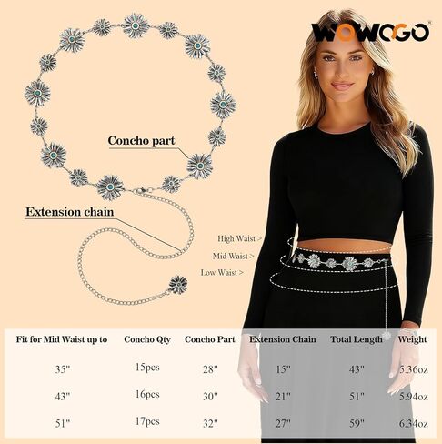 Western Turquoise Chain Belt for Women with Daisy Pattern Cowgirl Concho Metal Waist Belt for Boho Country in Kuwait