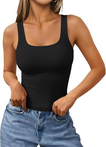 قمصان Valiamcep النسائية ذات الرقبة المربعة بدون أكمام، قمصان أساسية صيفية محاكة ومضلعة، قمصان كامي صيفية ضيقة in Kuwait