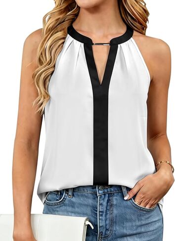 Avanova Women Color Block Sleeveless Business Casual Blouses Work Shirts Halter V Neck Tank Tops in Kuwait