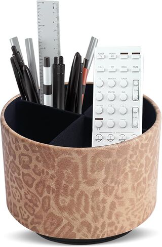 QIELIZI Round Leather Art Supply Organizer,Remote Control Holder,360 Degree Rotating,Multi-Functional Pencil Holder,4 Compartments Desktop Stationary Organizer(1-Leopard Brown) in Kuwait