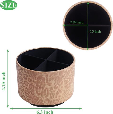 QIELIZI Round Leather Art Supply Organizer,Remote Control Holder,360 Degree Rotating,Multi-Functional Pencil Holder,4 Compartments Desktop Stationary Organizer(1-Leopard Brown) in Kuwait