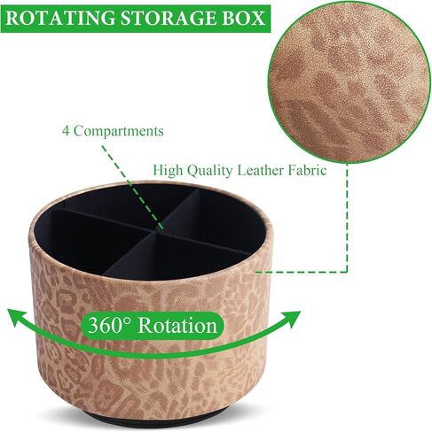QIELIZI Round Leather Art Supply Organizer,Remote Control Holder,360 Degree Rotating,Multi-Functional Pencil Holder,4 Compartments Desktop Stationary Organizer(1-Leopard Brown) in Kuwait