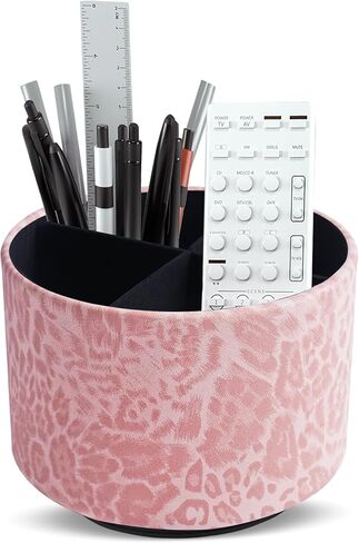 QIELIZI Round Leather Art Supply Organizer,Remote Control Holder,360 Degree Rotating,Multi-Functional Pencil Holder,4 Compartments Desktop Stationary Organizer(1-Leopard Brown) in Kuwait