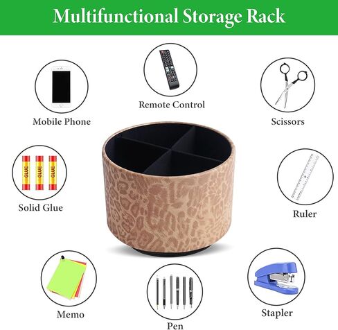 QIELIZI Round Leather Art Supply Organizer,Remote Control Holder,360 Degree Rotating,Multi-Functional Pencil Holder,4 Compartments Desktop Stationary Organizer(1-Leopard Brown) in Kuwait