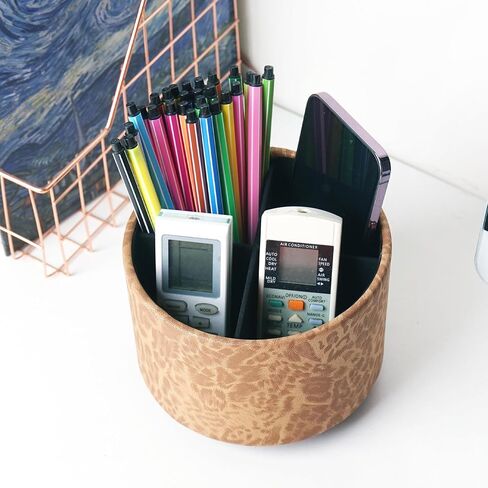 QIELIZI Round Leather Art Supply Organizer,Remote Control Holder,360 Degree Rotating,Multi-Functional Pencil Holder,4 Compartments Desktop Stationary Organizer(1-Leopard Brown) in Kuwait