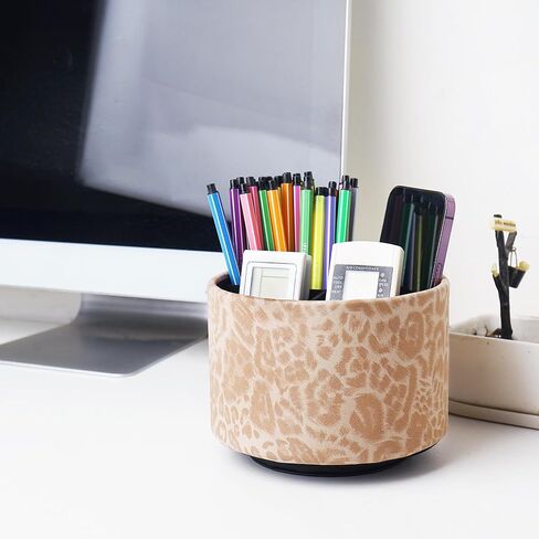 QIELIZI Round Leather Art Supply Organizer,Remote Control Holder,360 Degree Rotating,Multi-Functional Pencil Holder,4 Compartments Desktop Stationary Organizer(1-Leopard Brown) in Kuwait