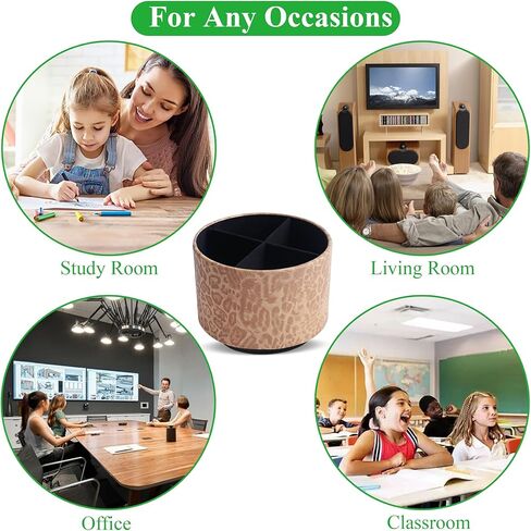QIELIZI Round Leather Art Supply Organizer,Remote Control Holder,360 Degree Rotating,Multi-Functional Pencil Holder,4 Compartments Desktop Stationary Organizer(1-Leopard Brown) in Kuwait