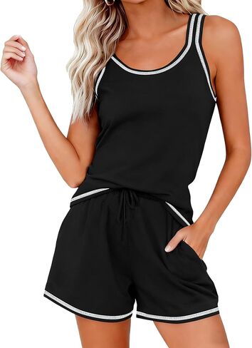 Womens Pajamas Sets Cotton Sleeveless U-Neck Tank Top Shorts Women's Sleepwear Summer Loungewear Set with Pockets in Saudi Arabia