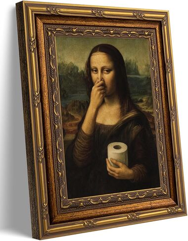 Framed Funny Bathroom Canvas Wall Art Vintage Mona Lisa Parody Holding Toilet Paper Wall Decor Humorous Nose Pinching Classical Painting Print for Bathroom Toilet 9x11 in in Saudi Arabia