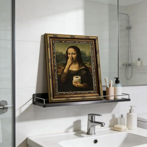 Framed Funny Bathroom Canvas Wall Art Vintage Mona Lisa Parody Holding Toilet Paper Wall Decor Humorous Nose Pinching Classical Painting Print for Bathroom Toilet 9x11 in in Saudi Arabia