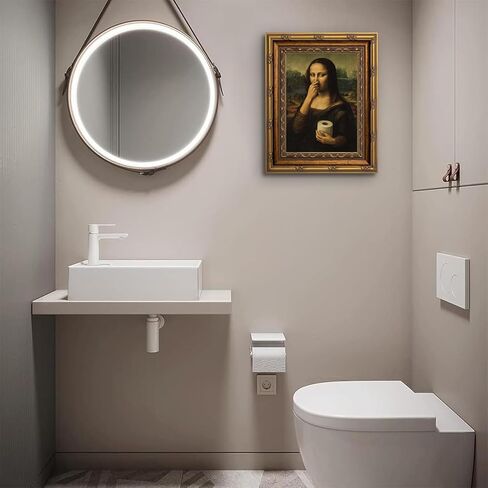 Framed Funny Bathroom Canvas Wall Art Vintage Mona Lisa Parody Holding Toilet Paper Wall Decor Humorous Nose Pinching Classical Painting Print for Bathroom Toilet 9x11 in in Saudi Arabia