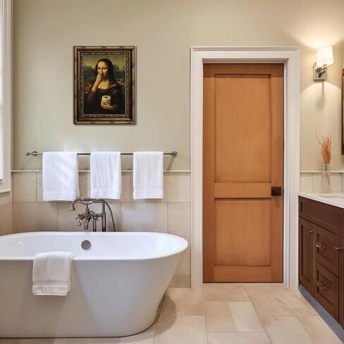 Framed Funny Bathroom Canvas Wall Art Vintage Mona Lisa Parody Holding Toilet Paper Wall Decor Humorous Nose Pinching Classical Painting Print for Bathroom Toilet 9x11 in in Saudi Arabia