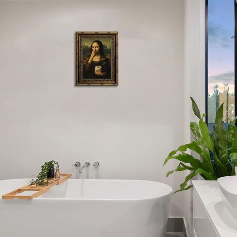 Framed Funny Bathroom Canvas Wall Art Vintage Mona Lisa Parody Holding Toilet Paper Wall Decor Humorous Nose Pinching Classical Painting Print for Bathroom Toilet 9x11 in in Saudi Arabia