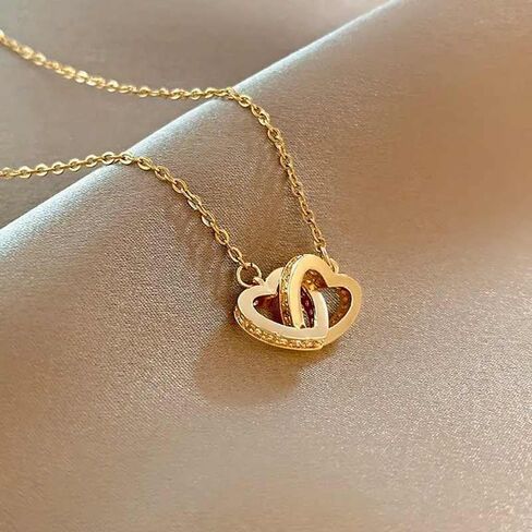 Necklace for Girlfriend Stainless Steel Interlocking Heart Pendant Necklace with Cubic Zirconia Romantic Gift for Girlfriends, Birthday, Anniversary, Valentine’s Day, or Christmas Jewelry for Women in Saudi Arabia