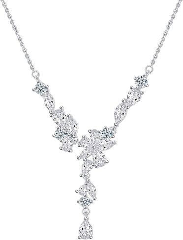 Cubic Zirconia Y-Necklace for Women - Marquise Cut Floral Drop Lariat Necklace for Bridal Wedding Prom - Sparkling Silver Tone Jewelry for V-Neck Dress & Evening Gown in Saudi Arabia