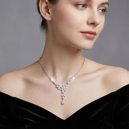 Cubic Zirconia Y-Necklace for Women - Marquise Cut Floral Drop Lariat Necklace for Bridal Wedding Prom - Sparkling Silver Tone Jewelry for V-Neck Dress & Evening Gown in Saudi Arabia