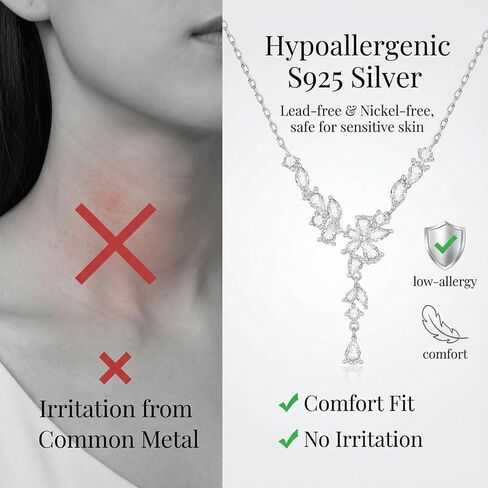 Cubic Zirconia Y-Necklace for Women - Marquise Cut Floral Drop Lariat Necklace for Bridal Wedding Prom - Sparkling Silver Tone Jewelry for V-Neck Dress & Evening Gown in Saudi Arabia