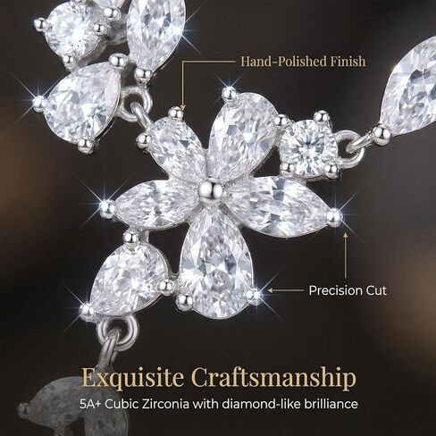 Cubic Zirconia Y-Necklace for Women - Marquise Cut Floral Drop Lariat Necklace for Bridal Wedding Prom - Sparkling Silver Tone Jewelry for V-Neck Dress & Evening Gown in Saudi Arabia